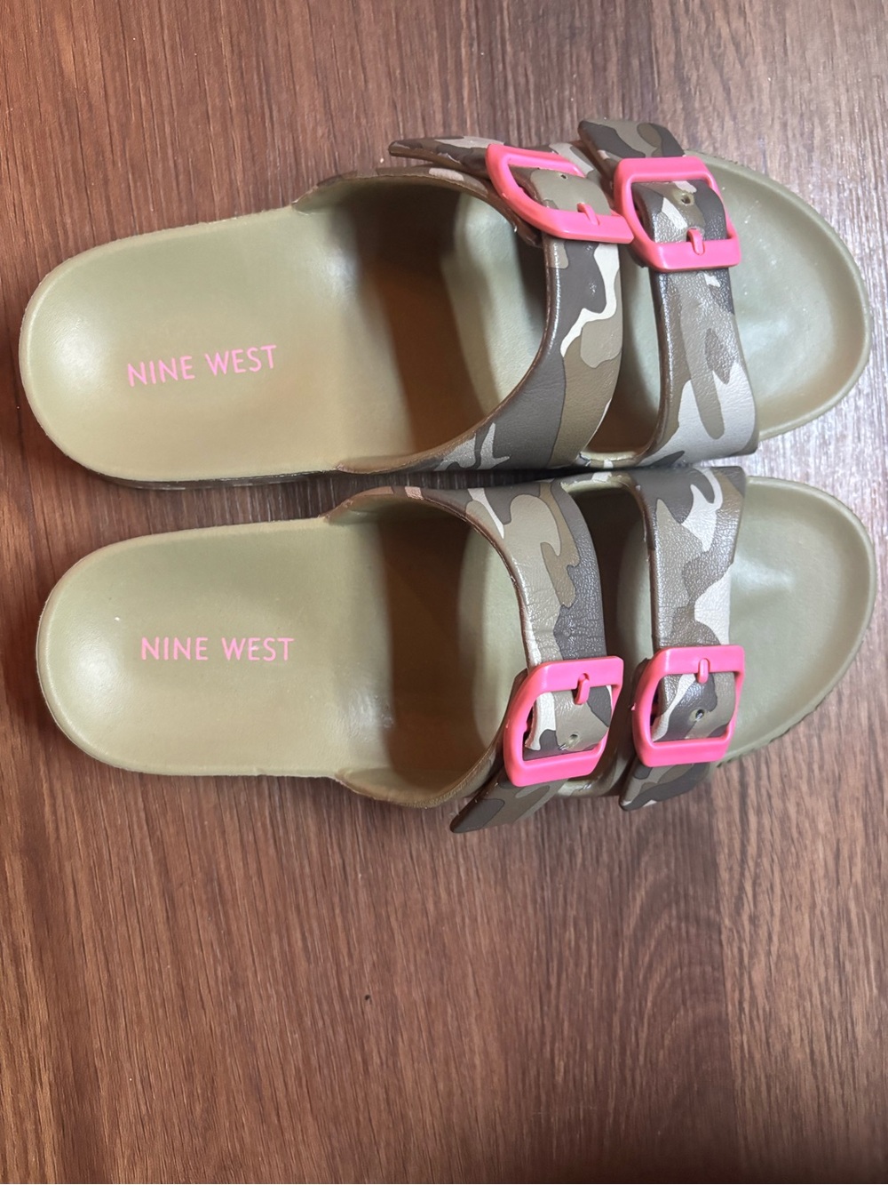 Nine West Olive Camo Slide Sandals with Pink Buckles